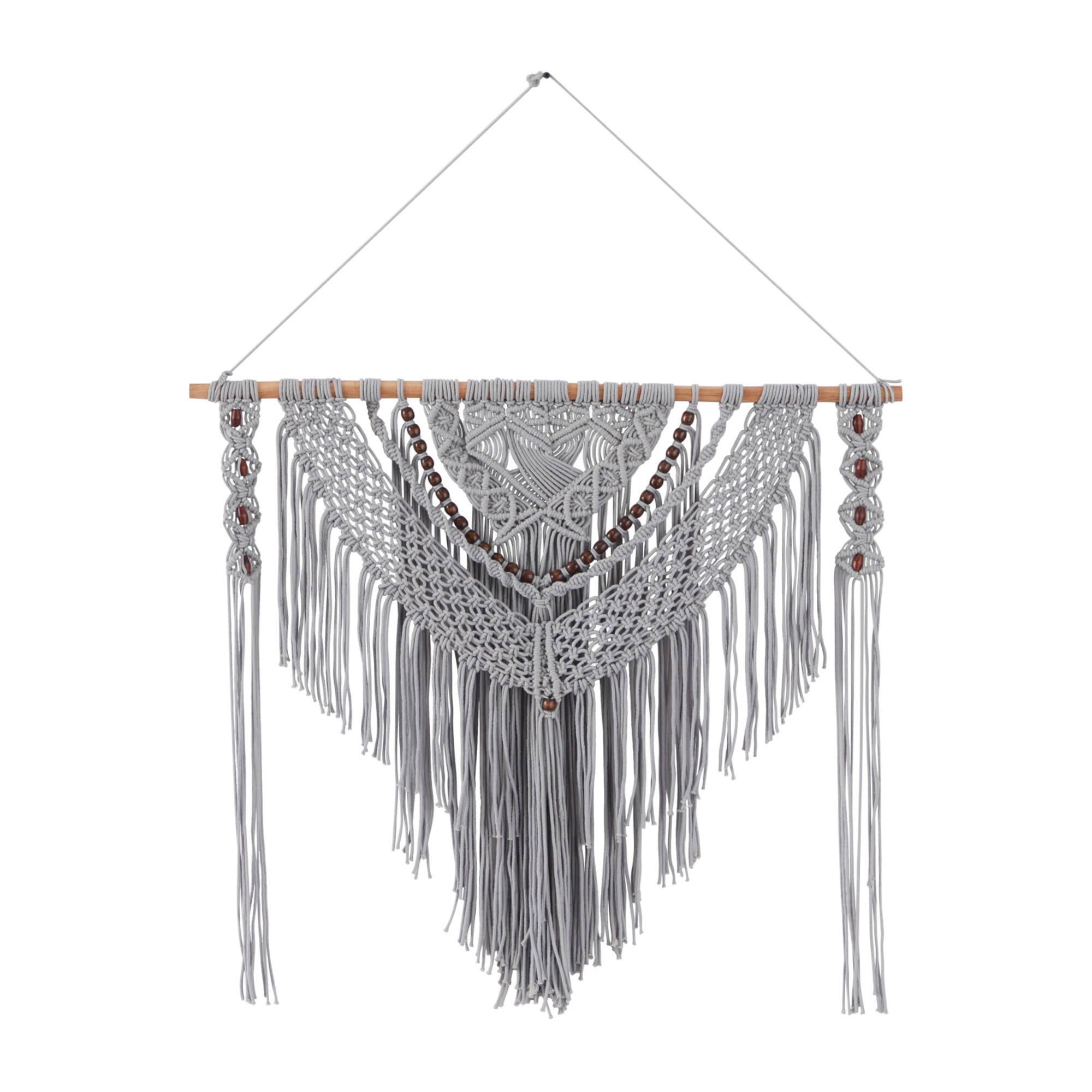 Gray Cotton Handmade Intricately Weaved Macrame Wall Decor with Beaded Fringe Tassels 36" x 1" x 46"